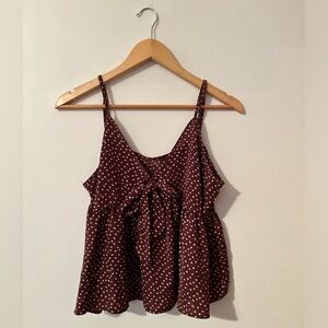 Women’s Tie Front Sleeveless Top- Color Brown with Polka Dot Print